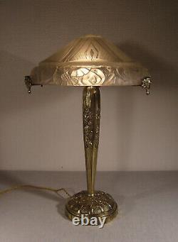 Large Mushroom Lamp Art Deco In Bronze - Vasque Signed Molded Glass 1925-1930