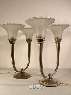 Large Pair Of Double Art Decoration Lamps Silver Bronze & Pressed Glass Tulips