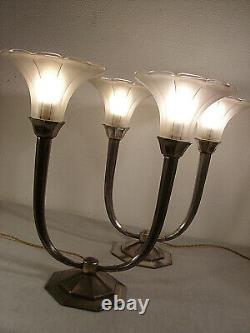 Large Pair Of Double Art Decoration Lamps Silver Bronze & Pressed Glass Tulips