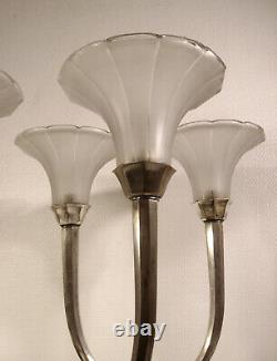 Large Pair Of Double Art Decoration Lamps Silver Bronze & Pressed Glass Tulips