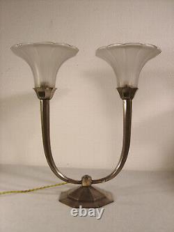 Large Pair Of Double Art Decoration Lamps Silver Bronze & Pressed Glass Tulips