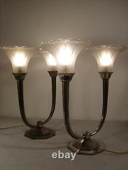 Large Pair Of Double Art Decoration Lamps Silver Bronze & Pressed Glass Tulips