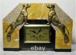 Large Pure Pendulum Art Deco Marble Bronze Panthers French Clock