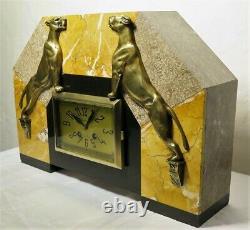 Large Pure Pendulum Art Deco Marble Bronze Panthers French Clock