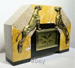 Large Pure Pendulum Art Deco Marble Bronze Panthers French Clock