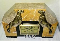 Large Pure Pendulum Art Deco Marble Bronze Panthers French Clock