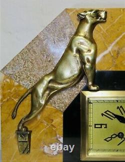 Large Pure Pendulum Art Deco Marble Bronze Panthers French Clock