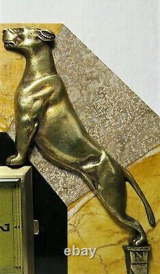 Large Pure Pendulum Art Deco Marble Bronze Panthers French Clock