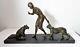 Louis Riche Elegant With Lionesses Sculpture Bronze Art Deco Antike Skulptur