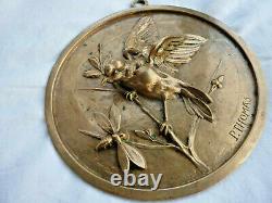 Low Relief Medal In Trendy Bronze Bird Art Deco Signed Thomas