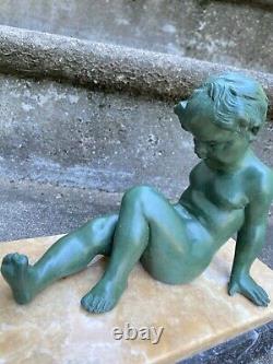 Lucky Gory Sup. Child & Birds Sculpture Art Deco Style Bronze Statue