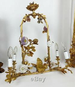 Luster Art Deco Period Gilt Bronze In On Bird Decor And Porcelain Flowers