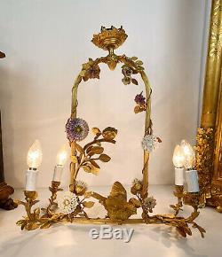 Luster Art Deco Period Gilt Bronze In On Bird Decor And Porcelain Flowers