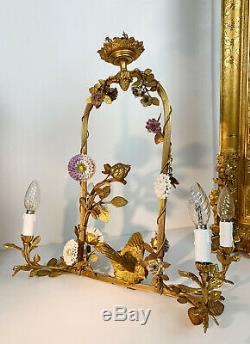 Luster Art Deco Period Gilt Bronze In On Bird Decor And Porcelain Flowers