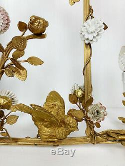 Luster Art Deco Period Gilt Bronze In On Bird Decor And Porcelain Flowers