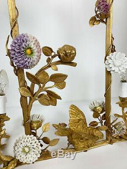 Luster Art Deco Period Gilt Bronze In On Bird Decor And Porcelain Flowers