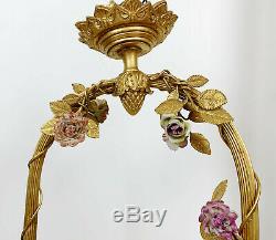 Luster Art Deco Period Gilt Bronze In On Bird Decor And Porcelain Flowers