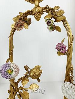 Luster Art Deco Period Gilt Bronze In On Bird Decor And Porcelain Flowers