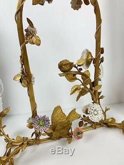 Luster Art Deco Period Gilt Bronze In On Bird Decor And Porcelain Flowers