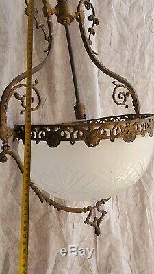 Luster Bronze Suspension Bowl Frosted Glass Engraved Art Deco Former Deb 20th