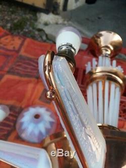 Luster Deco Petitot Ezan Art. 6 Lamps. Copper Bronze And Opaline