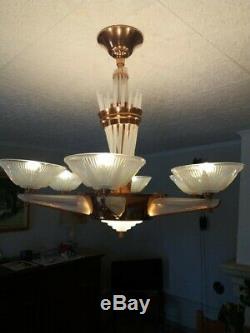 Luster Deco Petitot Ezan Art. 6 Lamps. Copper Bronze And Opaline