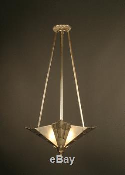 Luster-suspension Art Deco Bronze And Brass Antique Silver, Frosted Glass