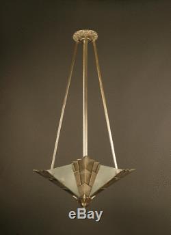Luster-suspension Art Deco Bronze And Brass Antique Silver, Frosted Glass