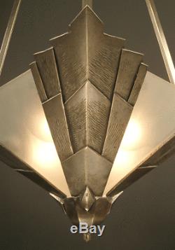 Luster-suspension Art Deco Bronze And Brass Antique Silver, Frosted Glass