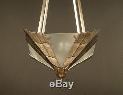 Luster-suspension Art Deco Bronze And Brass Antique Silver, Frosted Glass