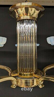 Lustre Art Deco Signed Petitot Bronze Opalescent Glass Blue Baguettes Suspension