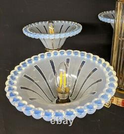 Lustre Art Deco Signed Petitot Bronze Opalescent Glass Blue Baguettes Suspension