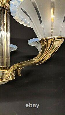 Lustre Art Deco Signed Petitot Bronze Opalescent Glass Blue Baguettes Suspension