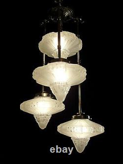 Lustre Or Suspension Art Deco In Nickeled Bronze And Glass Globes Pressed 1930