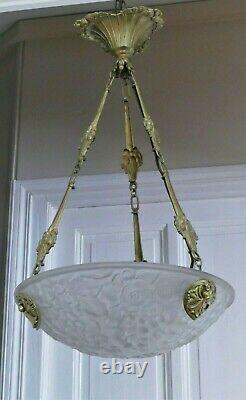 Lustre Suspension Basin M. Model Verdun Art Deco Bronze Frame Era Muller