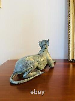 Magnificent Art Deco Bronze Sculpture of a Lying Greyhound with Green Patina