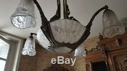 Magnificent Art Deco Chandelier Signed Gilles Glass Molded Frame And Nickel Bronze