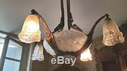 Magnificent Art Deco Chandelier Signed Gilles Glass Molded Frame And Nickel Bronze