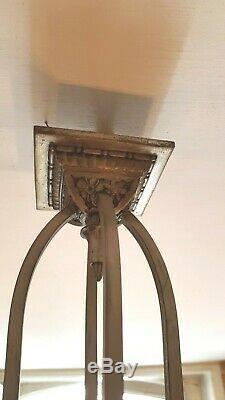Magnificent Art Deco Chandelier Signed Gilles Glass Molded Frame And Nickel Bronze