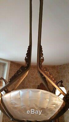 Magnificent Art Deco Chandelier Signed Gilles Glass Molded Frame And Nickel Bronze