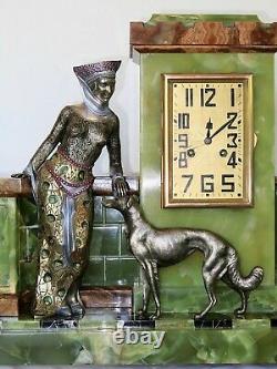 Magnificent Pendulum Art Deco Trim Signed Scribe Bronze Onyx French Clock