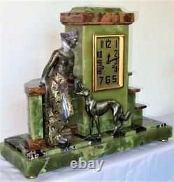 Magnificent Pendulum Art Deco Trim Signed Scribe Bronze Onyx French Clock