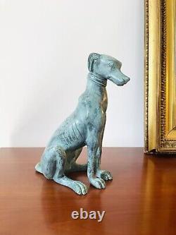 Magnificent Sitting Art Deco Bronze Sculpture of a Green Patinated Greyhound