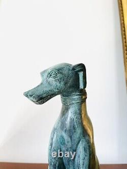 Magnificent Sitting Art Deco Bronze Sculpture of a Green Patinated Greyhound