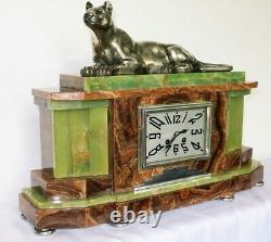 Majestuous Pendulum Marble Art Deco Panther Bronze French Clock