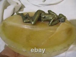 Marble Art Deco Ashtray with Nude Woman in Bronze, signed by Joe Descomps