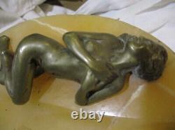 Marble Art Deco Ashtray with Nude Woman in Bronze, signed by Joe Descomps