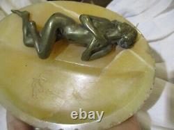 Marble Art Deco Ashtray with Nude Woman in Bronze, signed by Joe Descomps