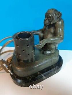 Max Le Verrier, Monkey With Monkey Brazier, Lamp On Marble Stand, Art Deco