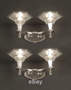 Maynadier/degue Pair of Double Wall Sconces Art Deco Bronze and Molded-Pressed Glass
